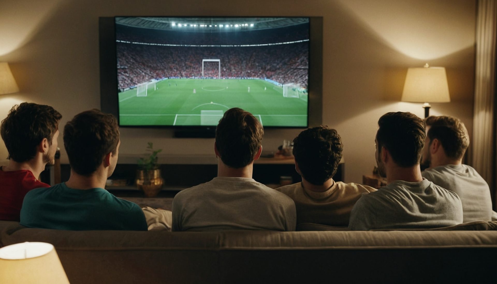 Friends watching a live soccer match together on a big TV