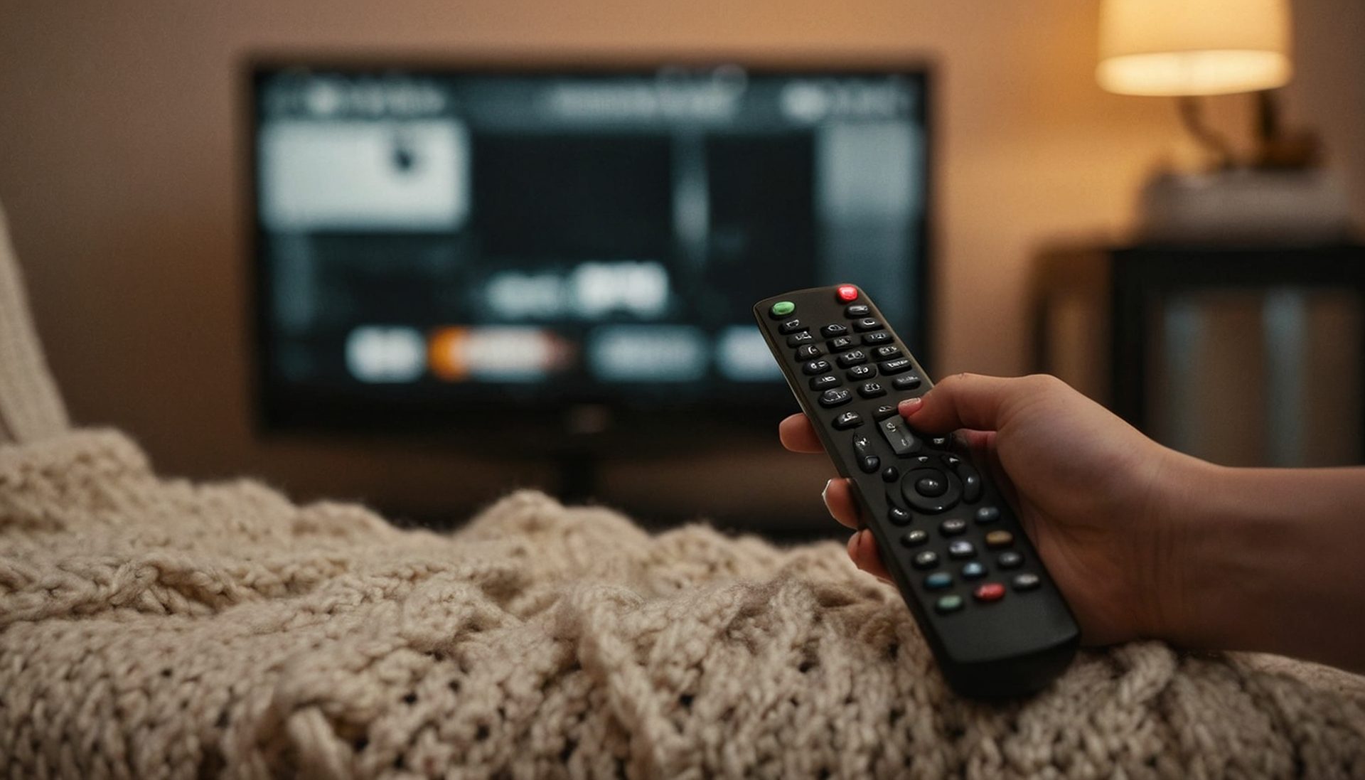 A hand holding a TV remote on a knitted blanket