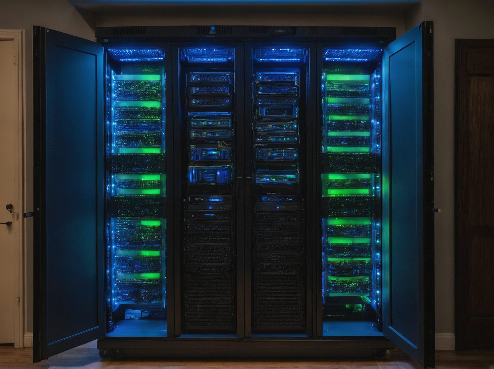 A home server rack with glowing status lights in a server closet