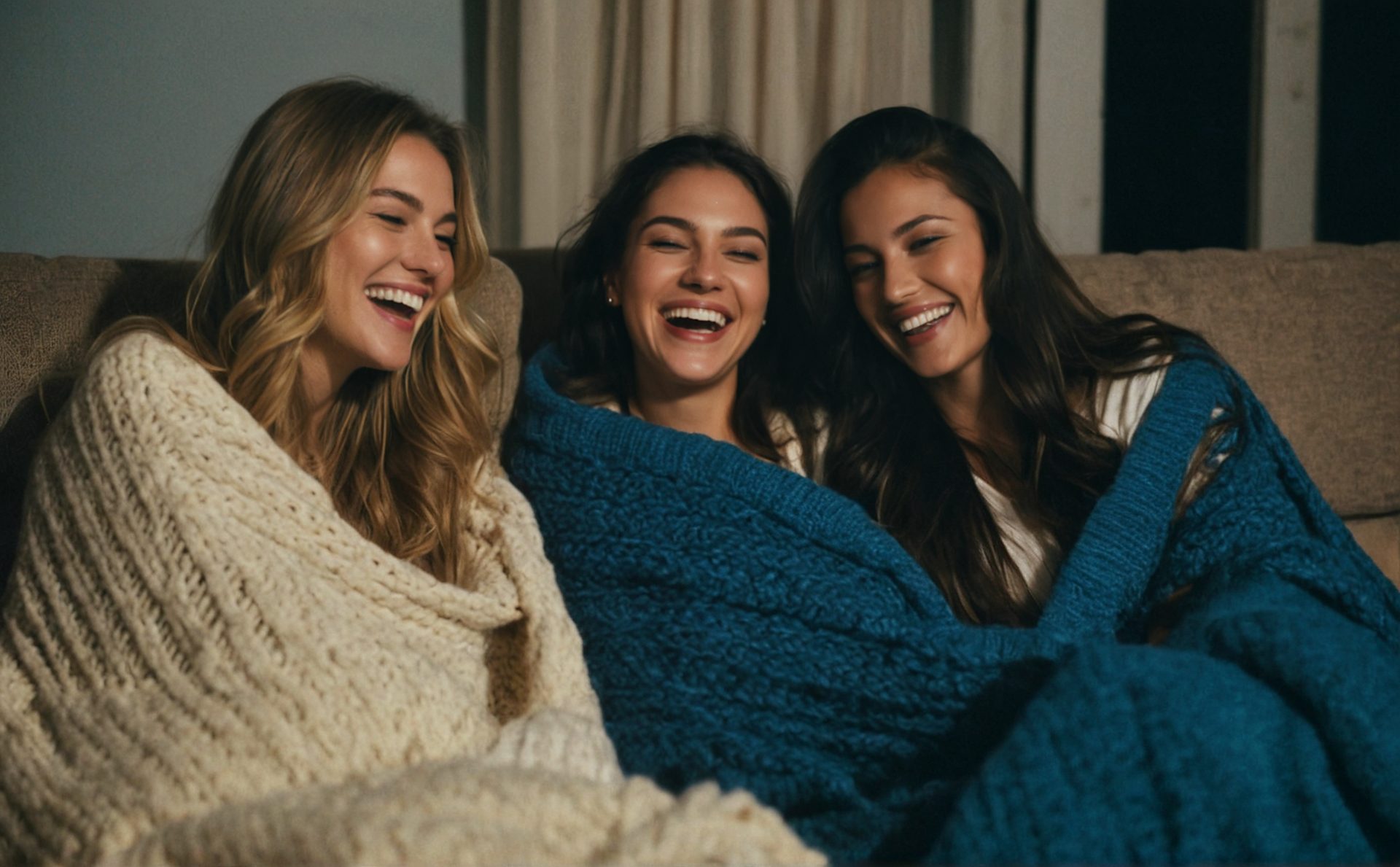Three friends laughing together under blankets on the sofa