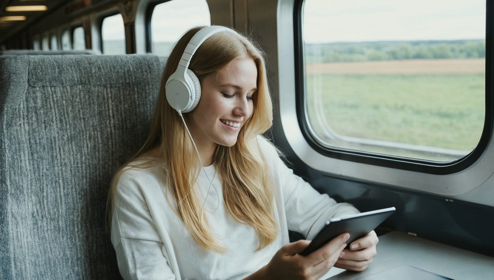 Watching a show on a tablet with headphones on a train